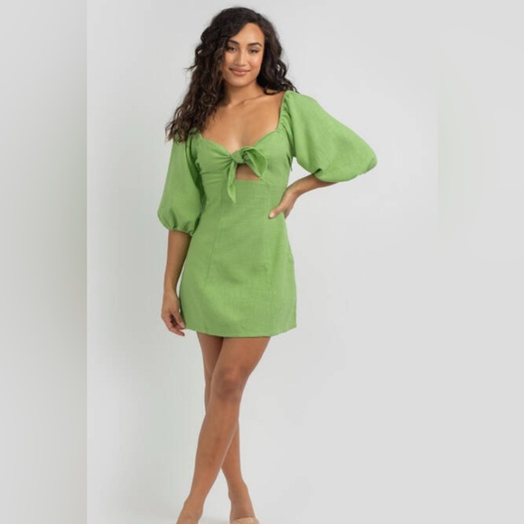 NWOT Billabong Green Puff Sleeve Mini Dress - Picture 1 of 8